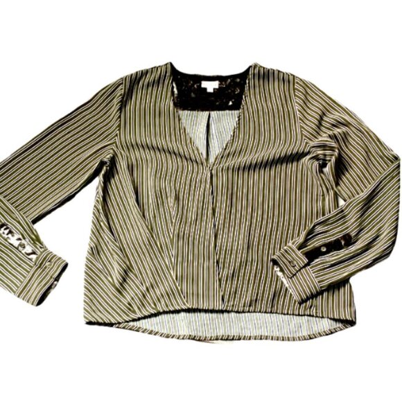 Hem & Thread Striped Long Sleeve Surplice V-Neck Blouse Sz L Olive Green 44G - Picture 1 of 7